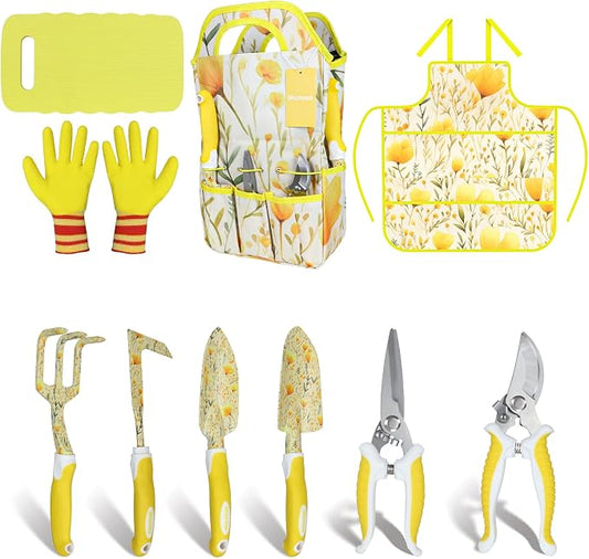 Yellow Garden Tools Set for Women, iHansee 10-Piece Gardening Tool Kit with Handbag, Non-Slip Ergonomic Handles, Gardening Gift for Women, Mom, Garden Lovers