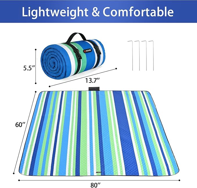 HX&OD Outdoor Picnic Blanket Extra Large, 80''*60'' Waterproof Picnic Mat with Stakes Foldable Camping Blanket Portable with Carry Strap for Beach Mat (Green& White, 80''*60'')