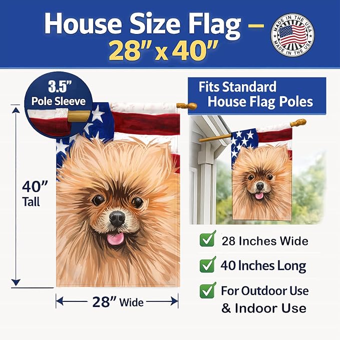 Caroline's Treasures CK6655CHF Pomeranian Dog American Flag House Flag Large Porch Sleeve Pole Decorative Outside Yard Banner Artwork Wall Hanging, Polyester, House Size, Multicolor