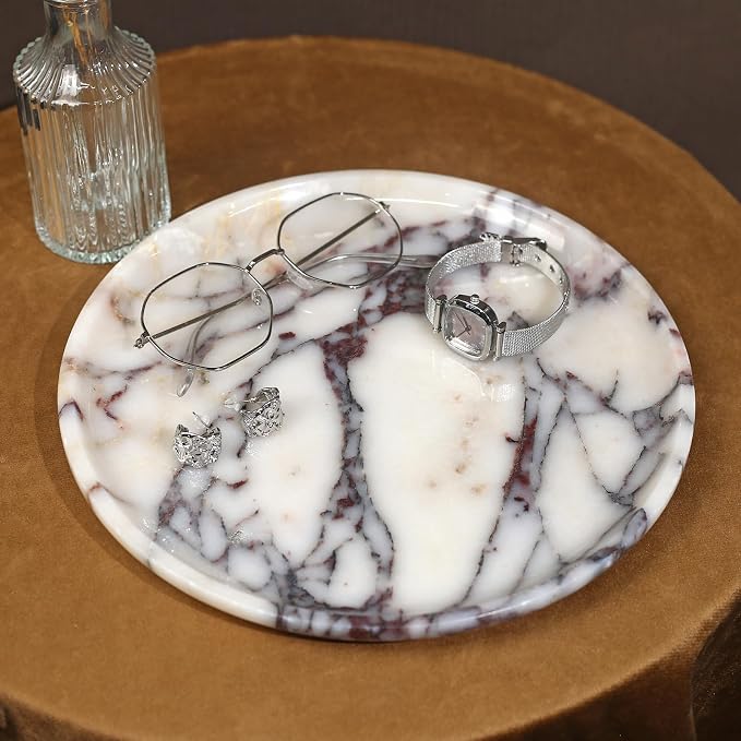 DUANYAN Natural Marble Tray, Coffee Table, Food, Fruit, Paper Cup, Cake Display, Coffee bar, Family Gatherings, Seasonal Holiday Decoration Tray(Viola-circular-9.8"x9.8"x0.7")