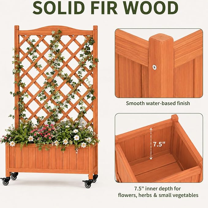 2 Pack Trellis Raised Garden Bed with Wheels, 50" Tall Wooden Planter Box with Trellis, Lattice Privacy Screen with Drainage Holes for Patio Balcony Garden