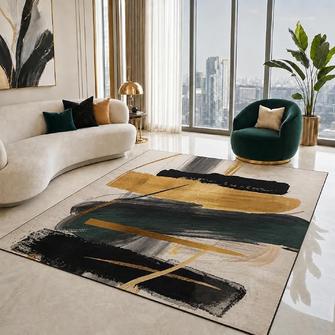 9CH Black White Gold Area Rug 7' X 5' Modern Abstract Rugs for Living Room | Soft Non-Slip Stain Resistant Carpet Washable Stain Resistant Bedroom Dining Room