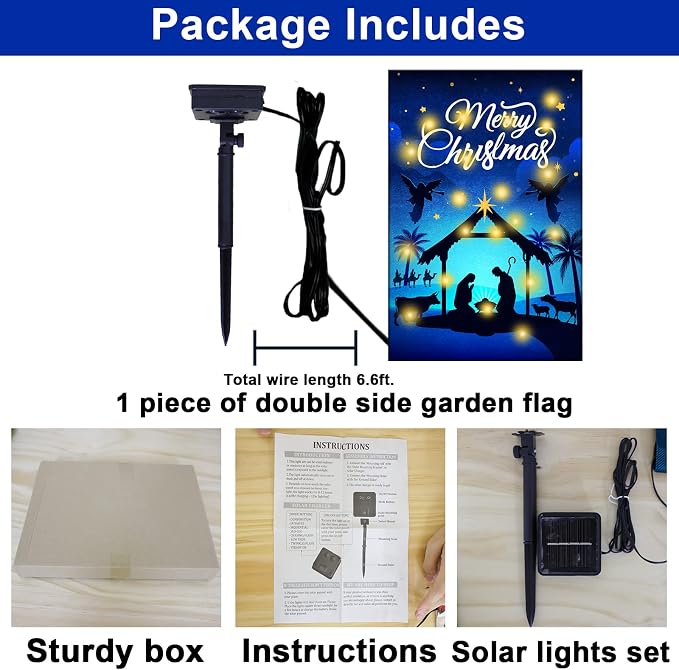 Nativity Christmas Lighted Garden Flag - Solar LED Burlap Religious Merry Yard Flag - Rustic Holy Night Farmhouse Outdoor Banner for Outside Decor - Xmas Holiday Sign 12 x 18 Inch