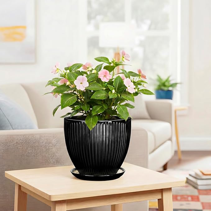 8 Inch Plant Pot, Ceramic Planter with Drainage Hole and Saucer, Modern Planters for Indoor Plants, Indoor Planter, Decorative Round Flower Pot, Apartment Decor, Plant Lover Gifts, Black