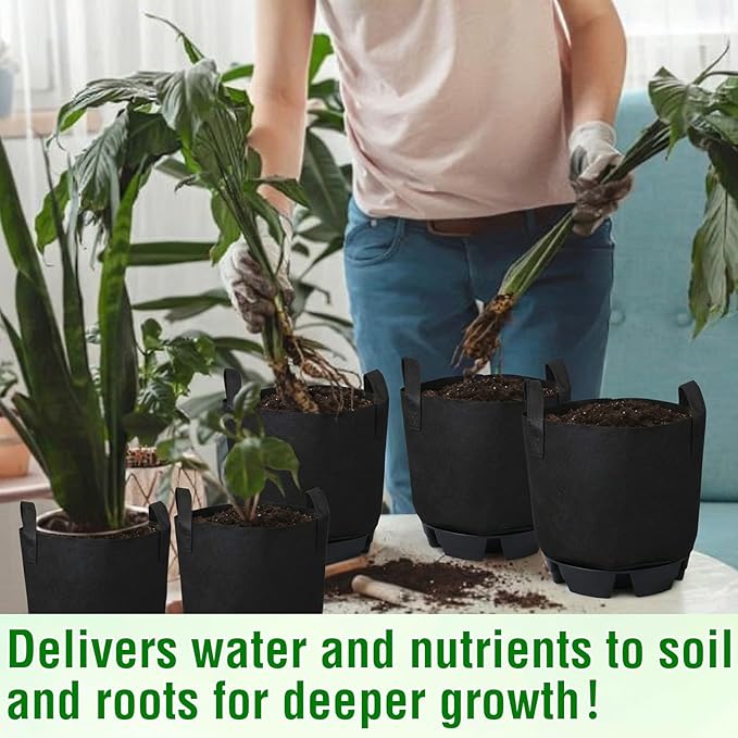 Jingmore 6 Set 5 Gallon Grow Bag Self Watering Fabric Pot Base Automatic Watering System Plant Nonwoven Grow Bag Handle Plant Saucer Elevate Flower Tray for Garden Indoor Outdoor Greenhouse (Black)