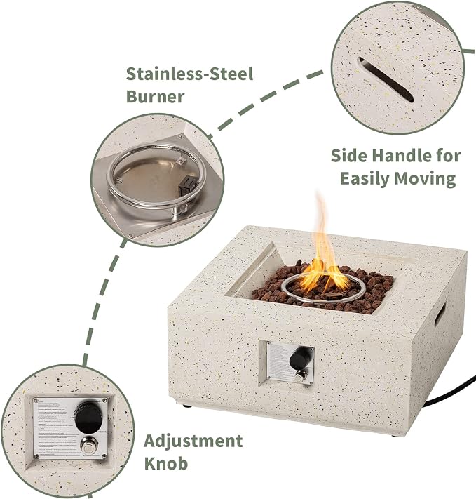 COSIEST Outdoor Propane Fire Pit Coffee Table, 28-inch Terrazzo Square Base Patio Heater w Certified, 40,000 BTU Stainless Steel Burner, Free Lava Rocks and Rain Cover