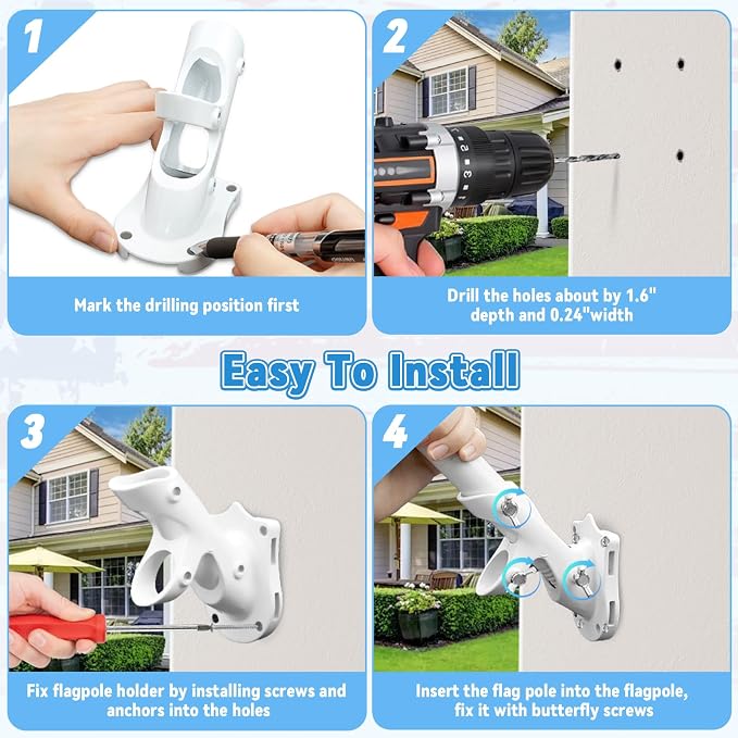 Flag Pole Bracket for House, REERON 2-Positions Metal 1" Flagpole Holder Mounts, Aluminium Rustproof Outside Flag Pole Wall Porch Mounting Brackets with 3 Fixed Holes & Steel Hardwares (White-1 Pack)