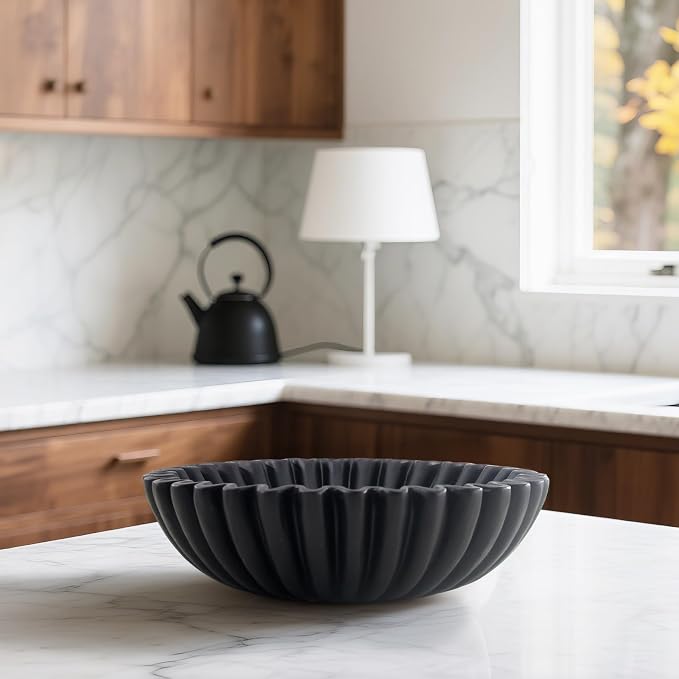 10'' Large Ruffle Decorative Fruit Bowl for Entryway Coffee Table Scalloped Purse Key Holder Kitchen Countertop Console Modern Organic Home Decor,Black