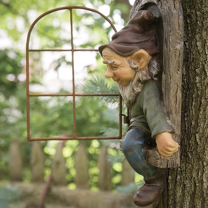 Elenon Gnome Big Tree Faces Garden Decor, 13 inch Gnome Coming Out of Tree Outdoor Decorations, Fairy Elf Hugger Whimsical Peeker Sculpture Yard Patio Art