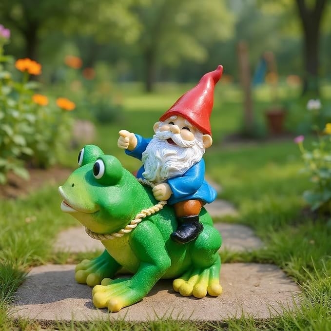 Resin Miniature Frog Decor and Garden Gnome Statue, 5.5-Inch Yard Art Outdoor Decorations for Patio Porch Desk, Cute Whimsical Frog Gifts for Women and Garden Lovers
