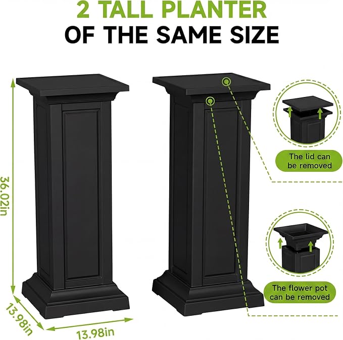Vixzen Tall Black Resin Planters Set of 2, Large All-Weather Outdoor Garden Pots, Durable Crack-Resistant Flower Pots for Porch, Balcony, Backyard, Flowers & Trees, Black