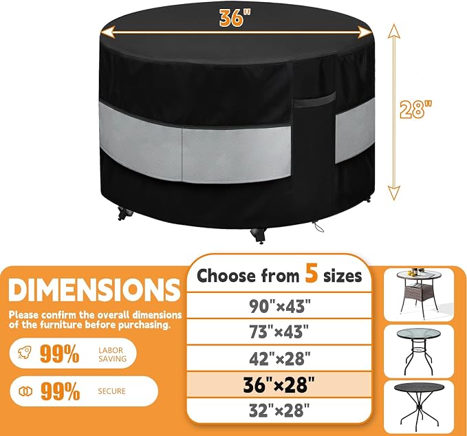 Round Patio Furniture Cover Black Grey Waterproof Up to 10000pa for 36 x 28 Inch Outdoor Round Dinner Table Covers