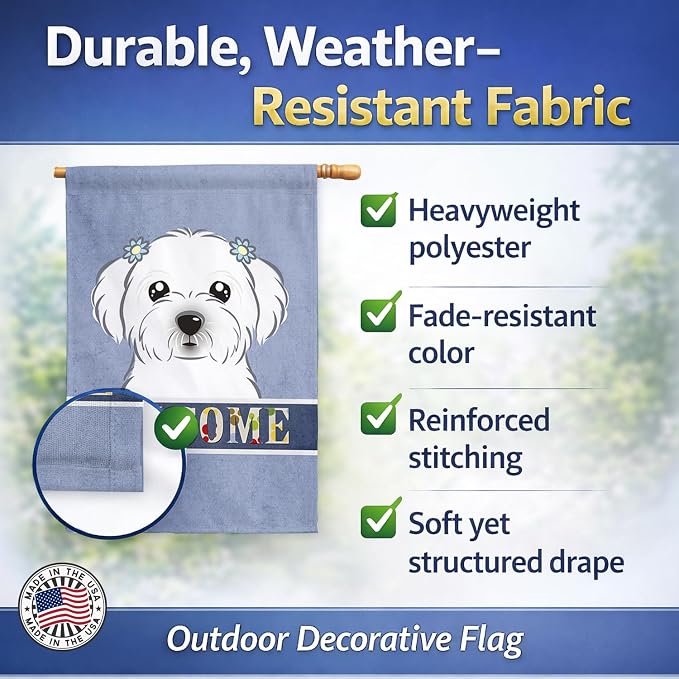 Caroline's Treasures BB1394CHF Maltese Welcome House Flag, Blue Large Porch Sleeve Pole Decorative Outside Yard Banner Artwork Wall Hanging, Polyester, House Size, Multicolor