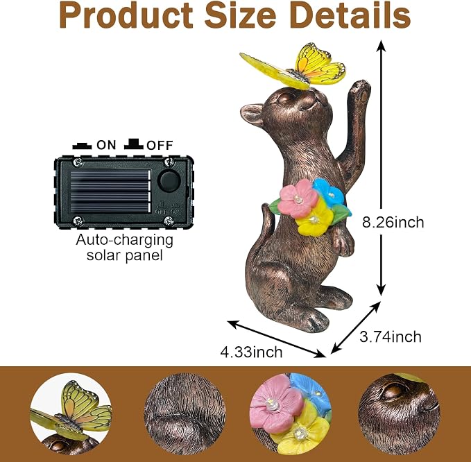 Solar Cat Garden Statues Outdoor - Waterproof Resin Cat Figurine with Butterfly Light -Outside Sculptures Decor for Yard Lawn Patio, Birthday Gifts for Women Mom