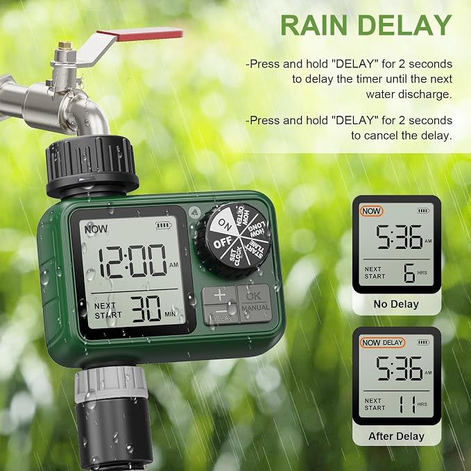 Water Timer for Outdoor Garden Hose, Sprinkler Timer for Garden Faucet with Auto/Manual/Rain Delay Mode, Sprinkler Irrigation Controller for Yard Lawn (1 Zone Plastic Inlet)