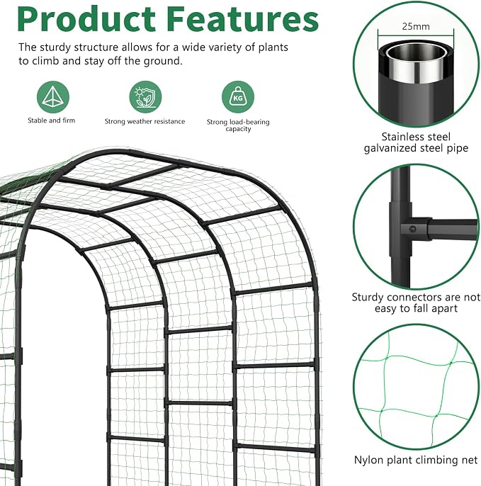 SUNYRISY Garden Arch Trellis for Climbing Plants Outdoor, 88" x 88" x 88" Metal Core Tall Archway Tunnel Plant Support for Cucumber Tomato Vine Flowers Vegetables Climbing Plants