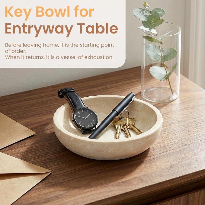 Travertine Marble Bowl & Decorative Bowl, 7.8" Modern Home Decor Key Bowl for Entryway, Natural Stone Centerpiece for Coffee Table, Ring Tray, Housewarming Gifts (Natural Color)