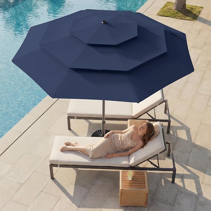 HOMSHADE 3-Tier Patio Umbrella with Solar Lights(Navy Blue,No Base) | 5-Year Fade Resistant;32 LED Lights;Windproof;8 Thicker Ribs;UPF50+;Pool Garden Deck