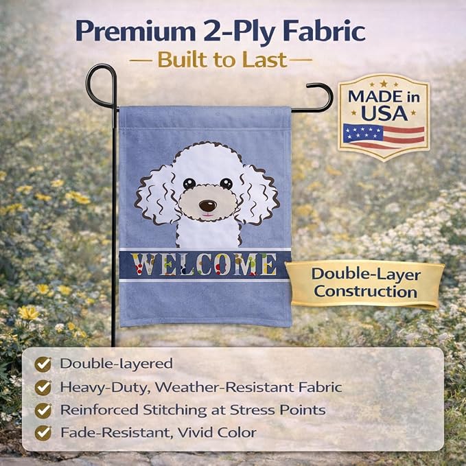 Caroline's Treasures BB1443GF White Poodle Welcome Garden Flag, Blue Mailbox Flag Decorative Yard Flag Banner Outside Patio Artwork Yard Flower Beds, Garden Size, Multicolor