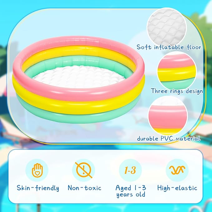 Jerify 6 Pack Swimming Pool 34 x 10 Inch Inflatable Swimming Pool Small Blow up 3 Rings Round Padding Ball Pond for Indoor and Outdoor Water Game Play Center