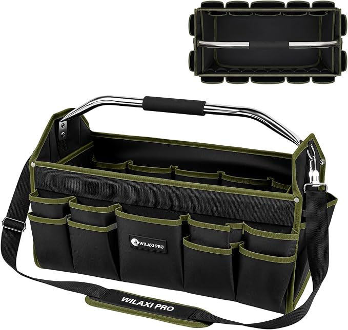 20in Foldable Open Top Tool Bags For Men Heavy Duty, Tool Carrier hard With Handle, Wide Mouth Electrician Tool Tote, Many Pockets Can Hold Many Tool, Green