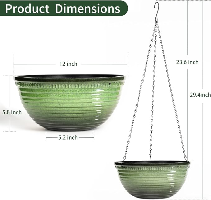 Vanslogreen 12 inch Hanging Planters for Indoor Outdoor Plants, 2 Pack Large Hanging Flower Pots with Drainage Holes and Chain, Glazed Hanging Baskets for Home Garden Decoration, Green