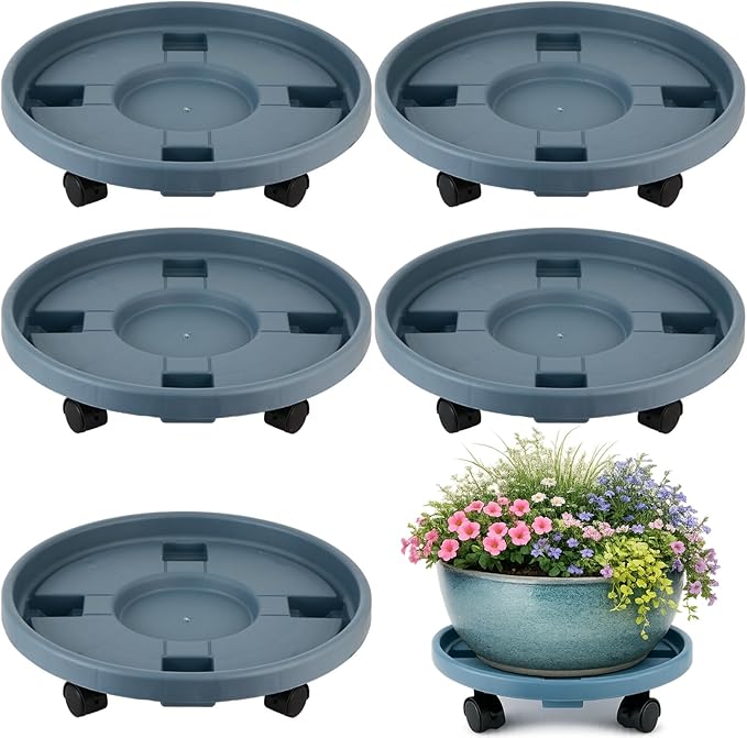 5-pack 14.2" Large Plant Caddy with Wheels Plastic Plant Dolly with Locking Caster Flower Pot Mover Rollers Wheeled Rolling Plant Stands Round Plant Saucer on Wheels Indoor Outdoor Base Coasters Gray