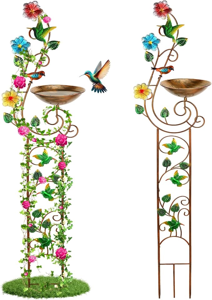 YADOOLIFE 57” Bird Bath with Garden Trellis for Climbing Plants Outdoor, Small Decorative Trellises Metal Birdbath Bird Baths, 1 Piece (Hummingbird)