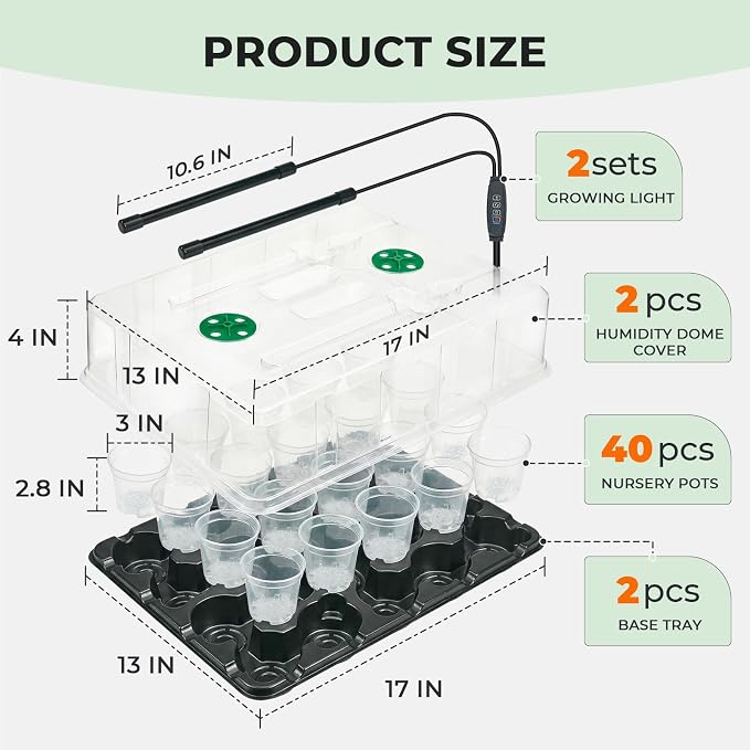 homenote 3 Inch Seed Starter Trays 2 Pack,20-Cell Seedling Starter Trays with Grow Light/Humidity Dome/3" Nursery Pots 40 Pcs,Planting Trays for Seedling,Plastic Germination Kit for Growing