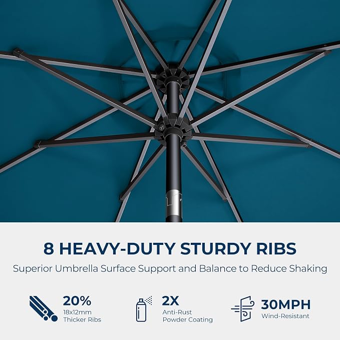 HOMSHADE 9ft Solar Patio Umbrella - Solar Lights LED Lighted Outdoor Market Table Umbrella, UPF50+ UV Protection with Push Button Tilt, Crank for Pool Deck and Garden (Peacock Blue)
