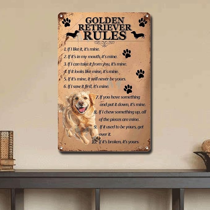 Metal Sign Tin Sign Vintage Wall Art Golden Retriever Rules Funny Outdoor Decor for Pub 8×12 Inches