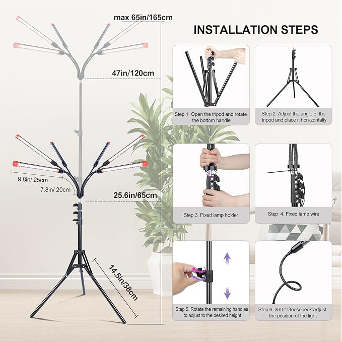 FRGROW 6Head Grow Light with Stand for Tall and Large Indoor Plants, Bonsai Tree, Big Coverage and Bright Plant Growing Lamps, 4/8/12/16/20H Timer, 54 Watt Power Draw, NO Need Adapter, 360° Gooseneck