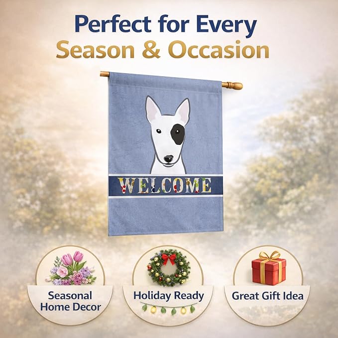Caroline's Treasures BB1395CHF Bull Terrier Welcome House Flag, Blue Large Porch Sleeve Pole Decorative Outside Yard Banner Artwork Wall Hanging, Polyester, House Size, Multicolor