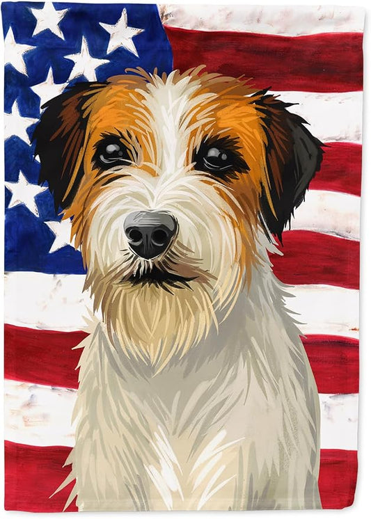 Caroline's Treasures CK6678CHF Russell Terrier Dog American Flag House Flag Large Porch Sleeve Pole Decorative Outside Yard Banner Artwork Wall Hanging, Polyester, House Size, Multicolor