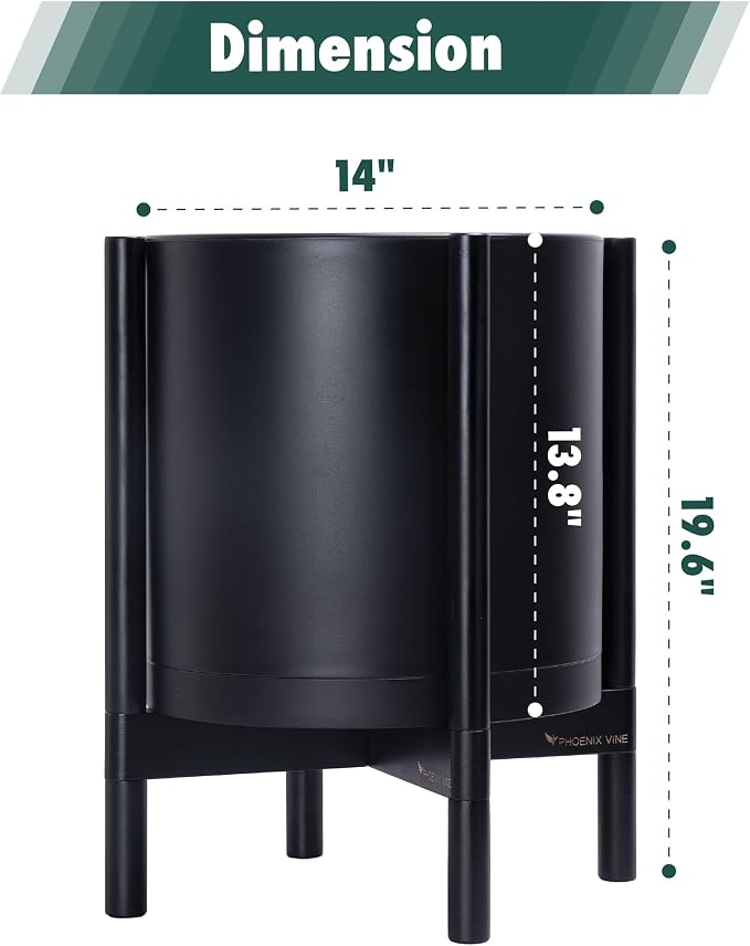 D'vine Dev Planter Pot with Stand - 14 Inch Plastic Cylinder Flower Pot with Wood Planter Holder for Indoor, Matte Black Pot + Ebony Stand, 55-C-T-2