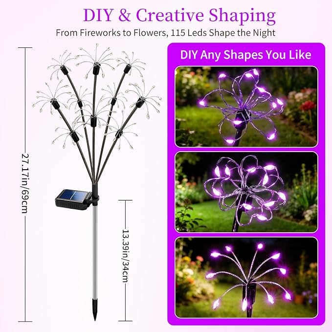 Solar Garden Lights Outdoor, 4 Pack 2-Layer Purple Solar Firework Lights, Waterproof Starburst Fairy Light Garden Decor for Yard Patio Pathway Lawn, Unique Gifts for Women Mom Grandma Mother's Day