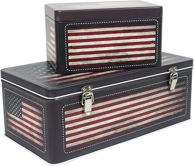 DreamsEden Tin Metal Keepsake Boxes, Vintage American Flag Decorative Storage Box with Lid for Keepsakes Memory Seed Tea Container, Set of 2