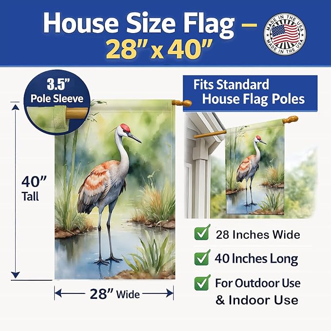 Caroline's Treasures Sandhill Crane House Flag Large Porch Sleeve Pole Decorative Outside Yard Banner Artwork Wall Hanging, Polyester, House Size, Multicolor