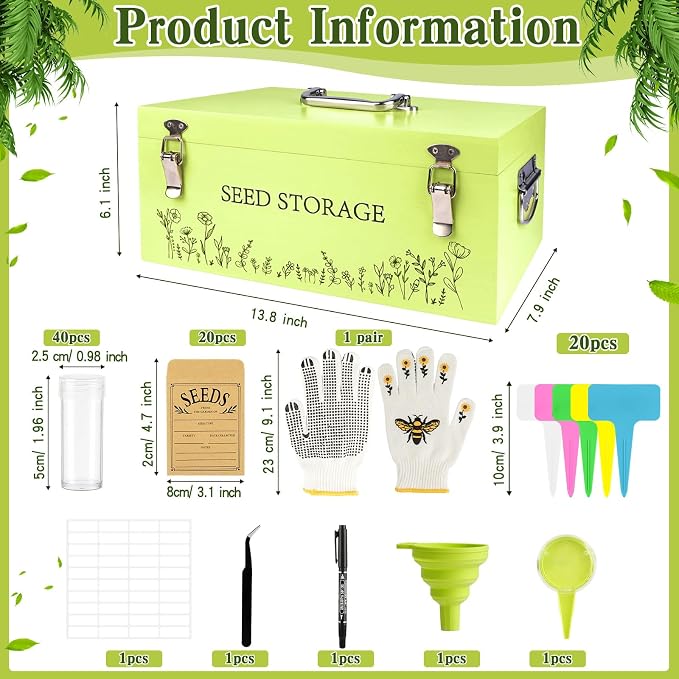 Fayoo Wooden Seed Storage Organizer Box with 40 Seed Vials & 20 Envelopes, Rustic Seed Saving Kit for Vegetable, Flower Seeds, Decorative Garden Seed Storage Container, Gardening Gifts for Women