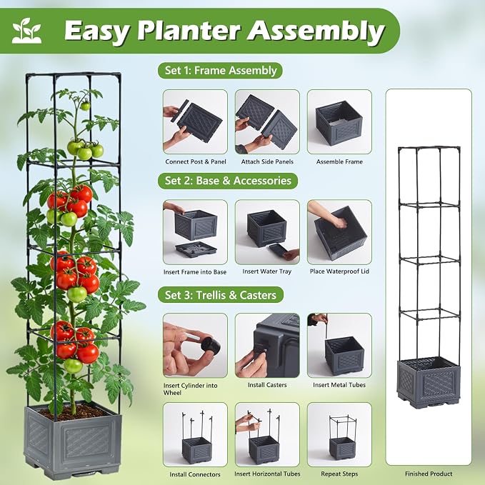 55 Inch Raised Garden Bed with Trellis, Self-Watering Tomato Planter Box with Hidden Rolling Wheels, Vertical Plant Support Cage for Climbing Vegetables Tomatoes Vines Flowers Indoor Outdoor 2 Pack
