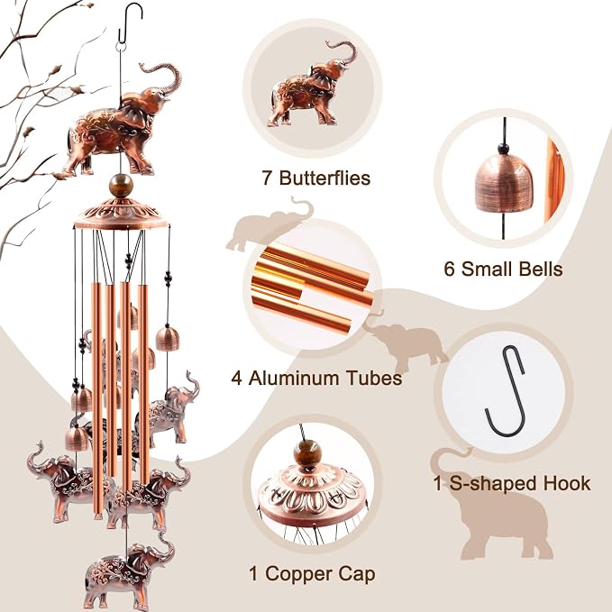 Wind Chimes Outdoor Clearance, Ukulork Elephants Aluminum Tube Windchime with S Hook,Patio Garden Decor, Housewarming Gift.