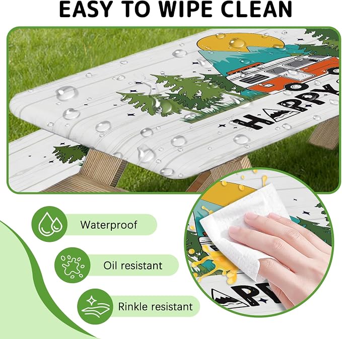 Picnic Table Cover with Bench Covers Elastic Edges, 3 Pcs Forest Fitted Table Cover with Drawstring Bag, Waterproof Windproof Aesthetic Camping Tablecloth, Outdoor Camping Essentials 72 Inch