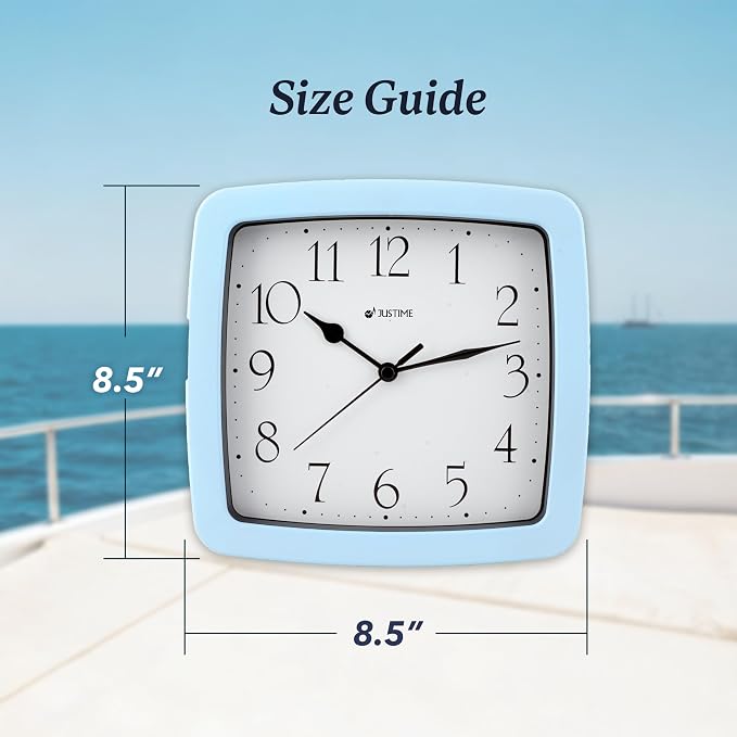 JUSTIME 8.5-inch Quality Square Water Resistant Quartz Wall Clock Special for Small Space, Office, Boats, RV (W40021 Sky Blue)
