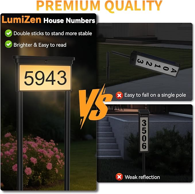 LumiZen New Upgraded Solar Address Sign,Double Sided Glow House Numbers with Auto On/Off, 3-Color Lighting Modes Mailbox Number Plaque Waterproof, Dual Stakes for Home Yard Driveway-2pack