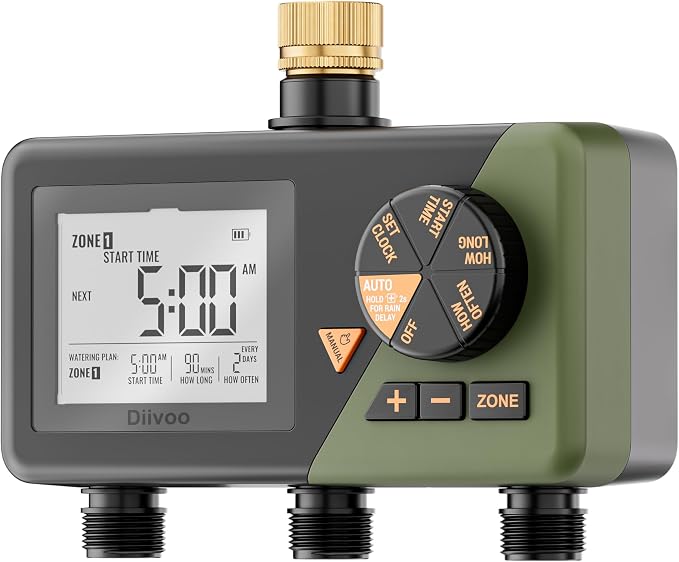 Diivoo Sprinkler Timer 3 Zone, Water Hose Timer 3 Outlets for Garden, Programmable Automatic Irrigation with Rain Delay, Manual/Auto Mode Watering, IP54 for Lawn, Yard, Pool