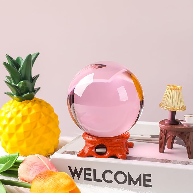 Pink Crystal Ball 100mm/3.9 inch with Rose Wooden Stand and Gift Box for lensball Photography,Fortune Teller,Feng Shui, Witchcraft Decor,Scrying,Magic,Large Quartz Crystal Orb Prop Glass Sphere