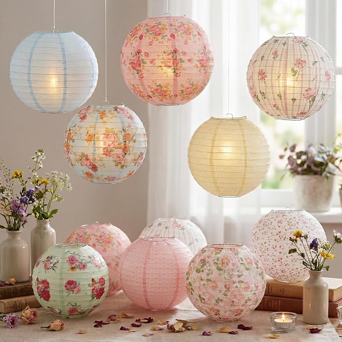 Baquler 12 Pcs Floral Paper Lanterns Tea Party Decorations 10 Inch Wildflower Floral Ceiling Hanging Paper Lanterns for Wedding Bridal Birthday Party Outdoor Festival Hanging Decoration