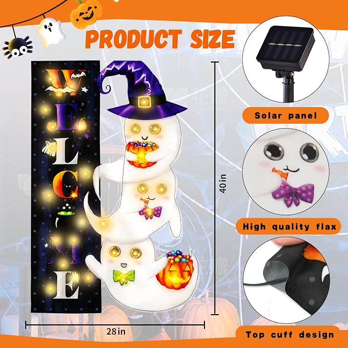 Halloween Lighted Garden Flag, Solar Welcome Ghost Yard Flag for Outside, 8 Modes Double Sided Welcome Halloween Ghost Outdoor Decorations for Home Porch