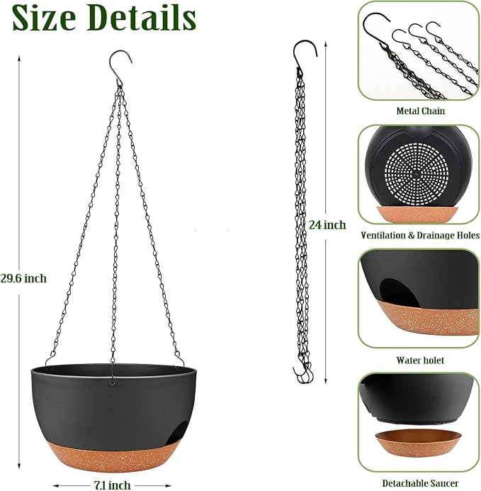 Hanging Planters for Outdoor Indoor Plants, 2 Pack 12 Inch Hanging Basket Plants Outdoor, Self Watering Hanging Planter with Plant Hanger for Garden Home Decoration (Black)