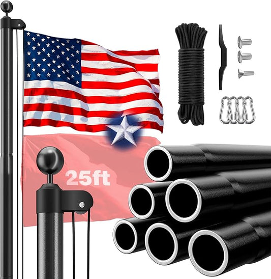 HAYOHRT Heavy Duty Flag Pole 12 Gauge Extra Thick 25FT Black Flagpole Kit with Embroidered American Flag for Yard Outdoor Commercial Residential Outside House In Ground 100MPH Wind Tested